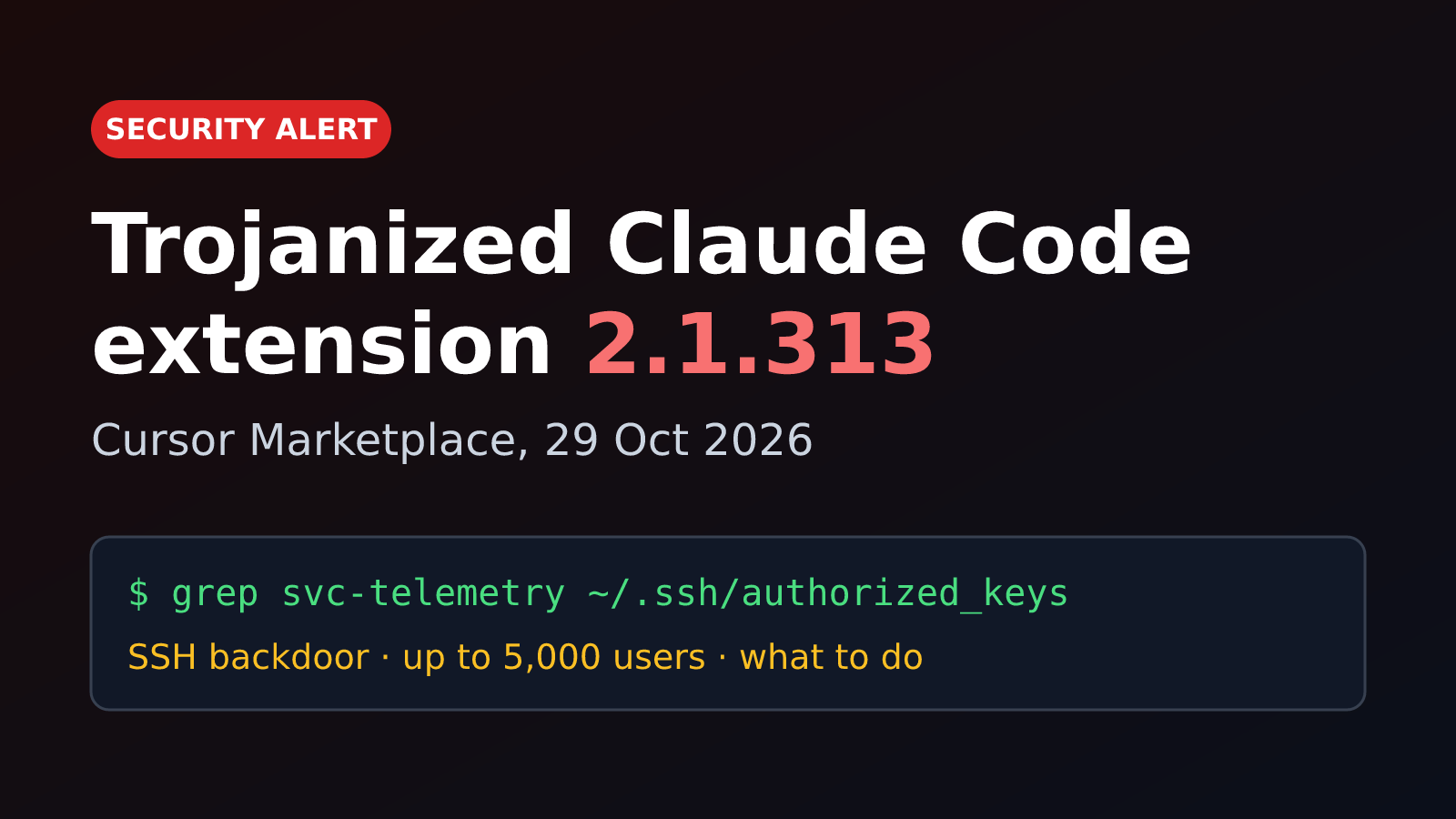 Security alert title card: Trojanized Claude Code extension 2.1.313, Cursor Marketplace, 29 Oct 2026, with the command grep svc-telemetry ~/.ssh/authorized_keys and the note SSH backdoor, up to 5,000 users, what to do